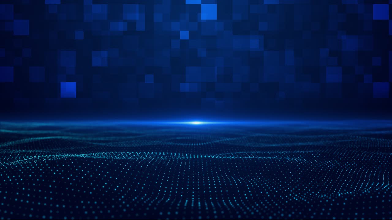 Animated digital waves glowing blue against grid background built pixel patches use of futuristic
