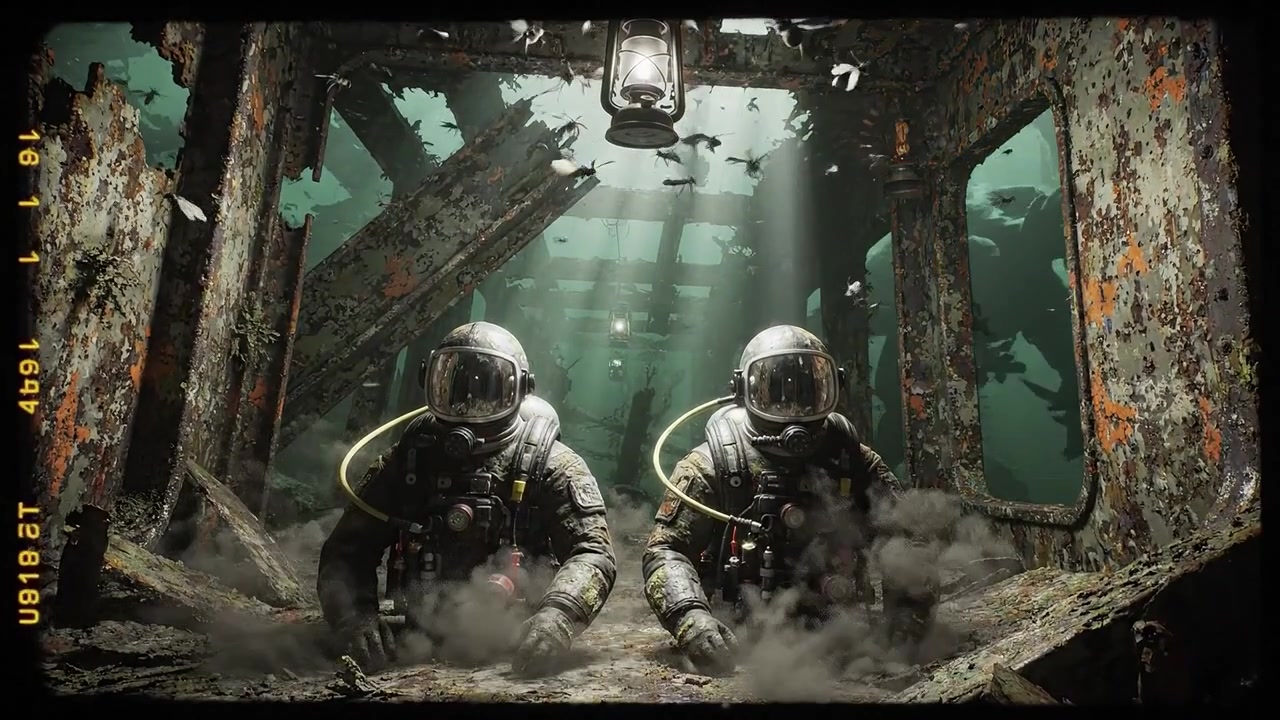 Un'esplorazione subacquea di una struttura sommersa con due astronauti circondati da pesci e raggi di luce, che evidenzia la bellezza delle profondità oceaniche e della scoperta.