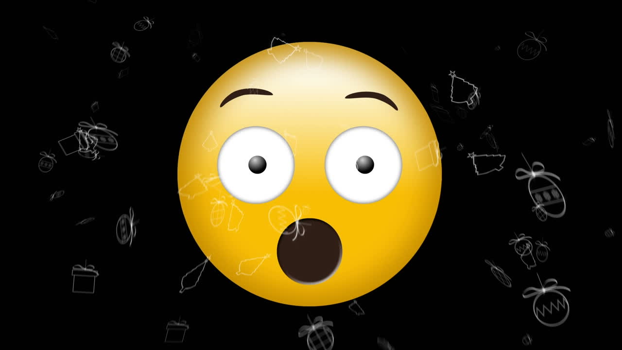 Animation of scared emoji icon over falling christmas trees on black background