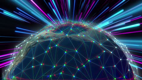 animation of globe with connections and data processing with light trails