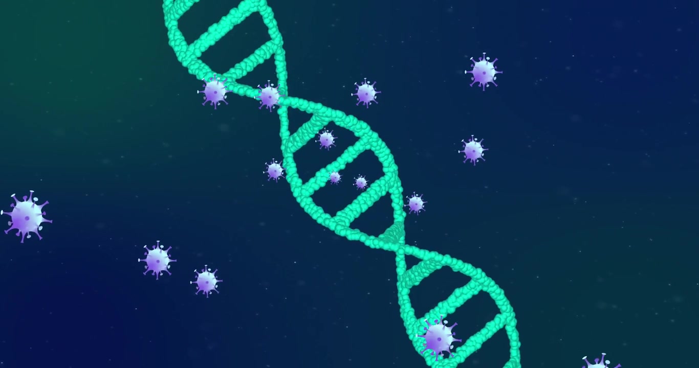 Animation of covid 19 cells moving and dna strand spinning