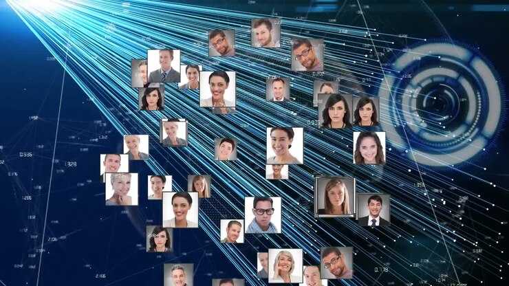 Globe of profile icons against scanners, light trails and network of connections on blue background