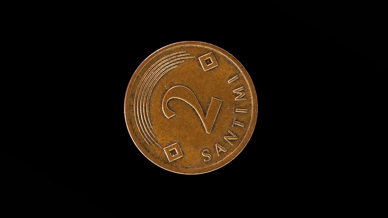 Latvia 2009 2 santimi coin reverse showing denomination with five arcs and two diamond‑shaped suns rotating on black background