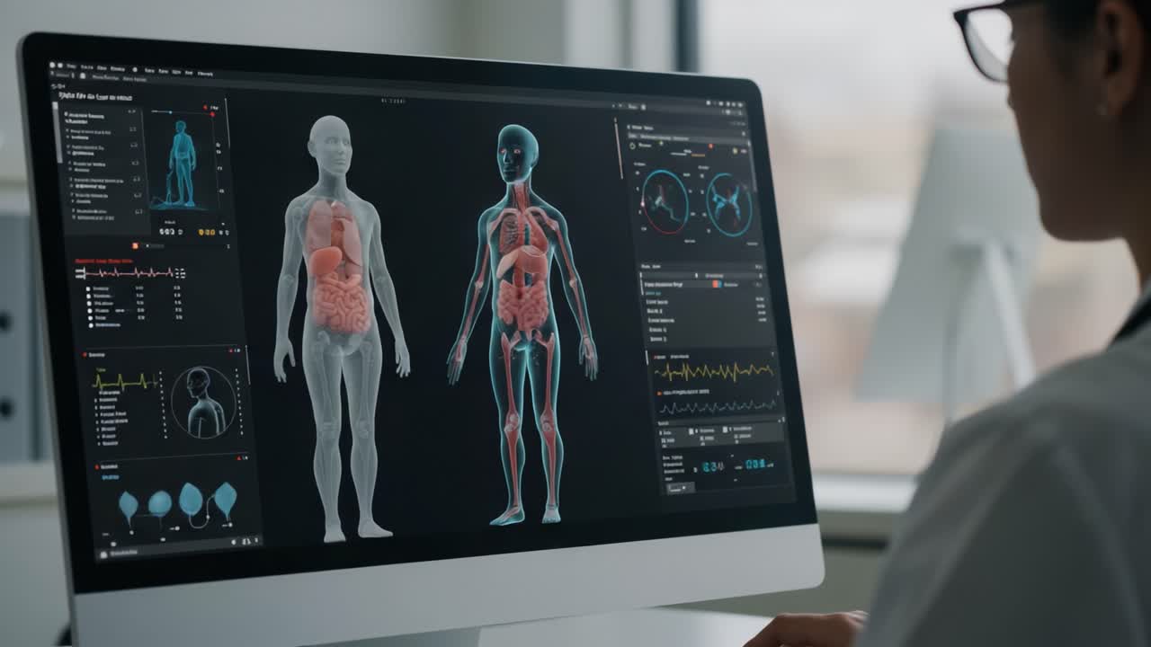A Medical Professional Analyzing Anatomical Data on a High-Tech Computer Screen Featuring Detailed 3D Visualizations of Human Body Systems and Health Metrics