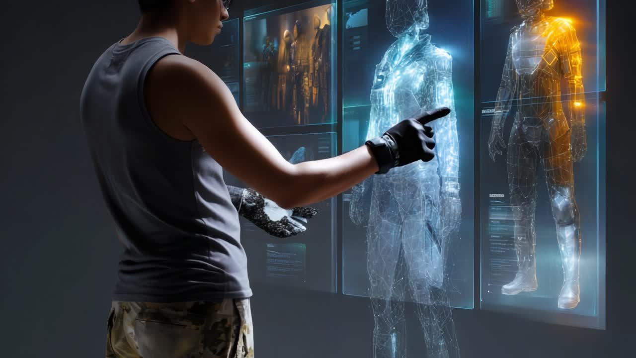 A futuristic interaction showcases a user engaging with a holographic figure, illuminating the potential of advanced technology in virtual environments and augmented reality interfaces