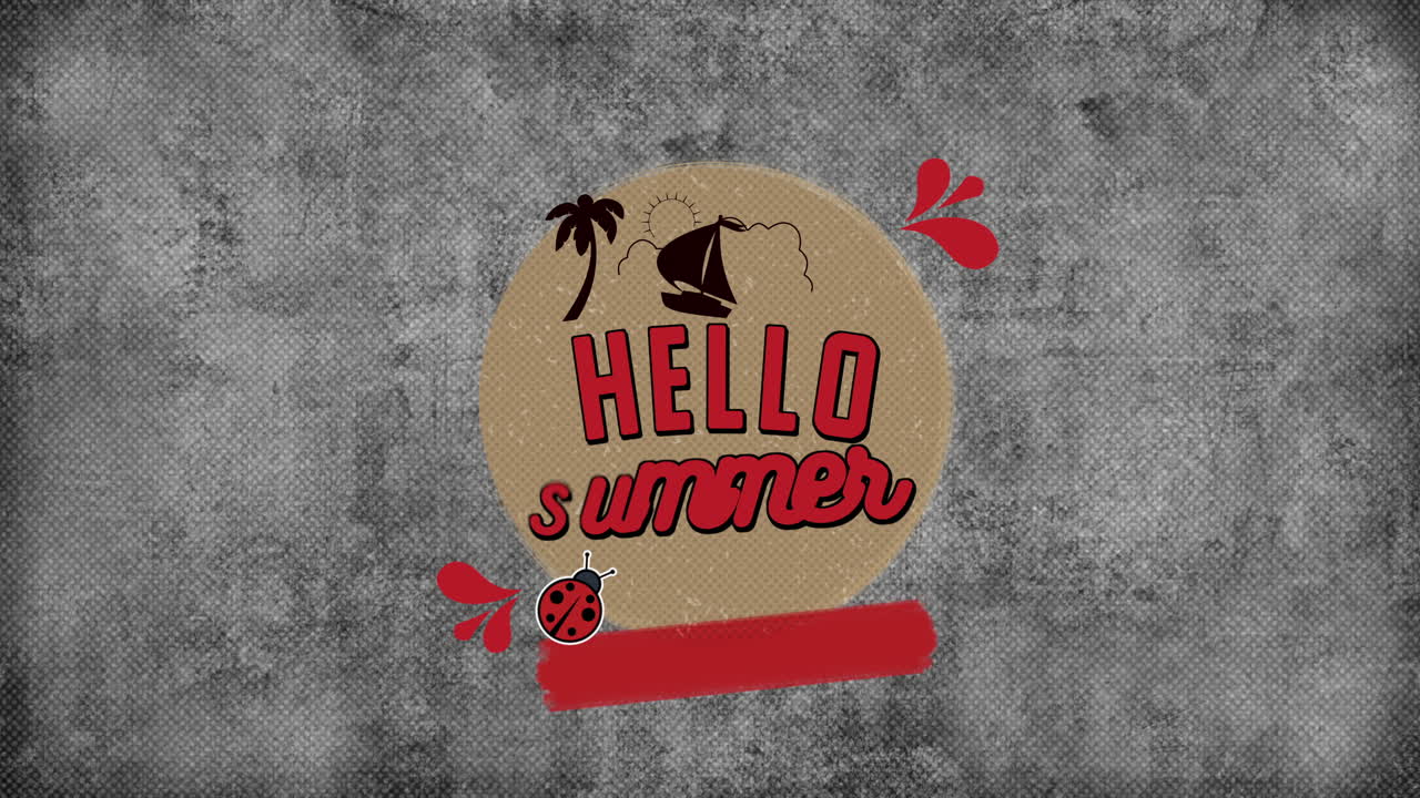 hola verano con paisaje de verano con yate y palmeras en patrón retro