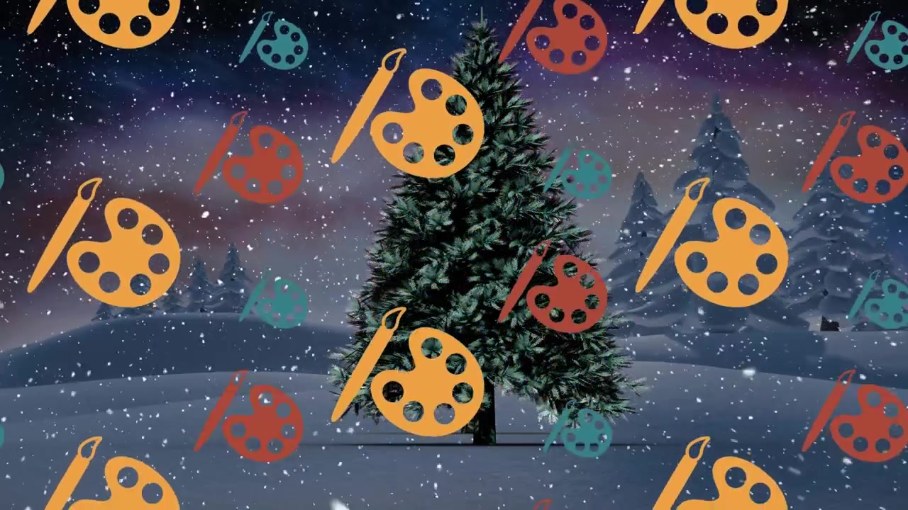 Animation of color brush and palette icons in seamless pattern and snow falling over christmas tree