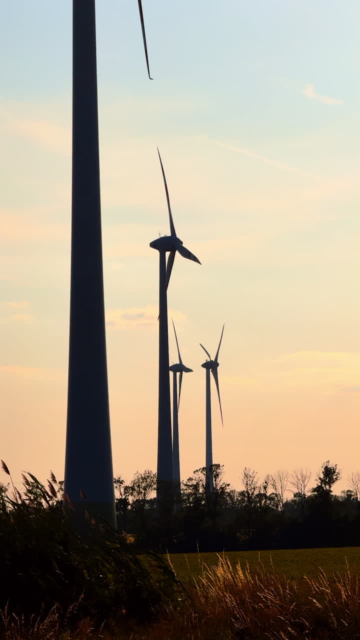 Wind turbines silhouettes at the backdrop of sky at sunset. Low angle view at the wind mills producing green energy. Vertical video.