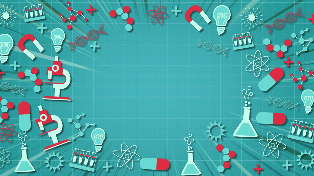 과학 개념 아이콘이 파란색 배경에 대한 그리드 라인 위로 이동합니다.