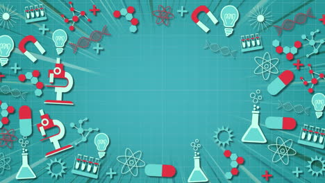 science concept icons moving over grid lines against blue background