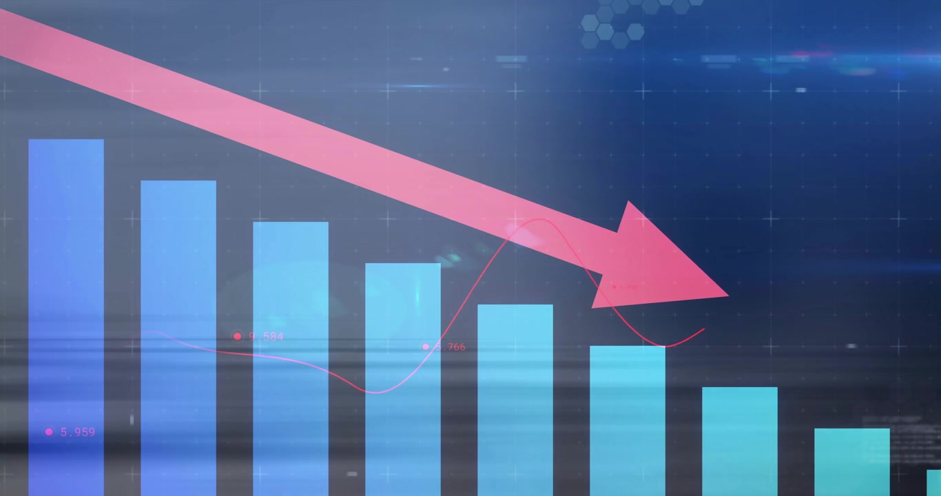 Animazione che mostra una freccia rossa verso il basso sopra un grafico a barre che indica un declino finanziario
