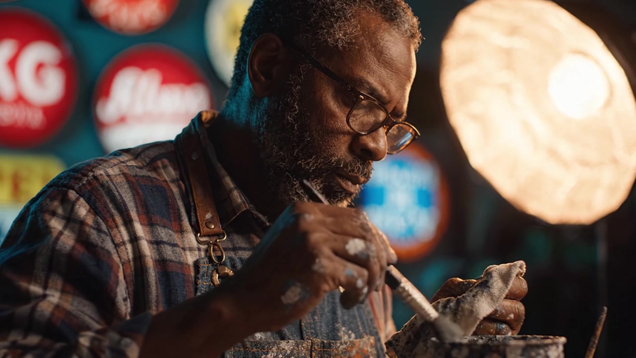 A Skilled Artisan Delicately Painting Details in a Workshop Surrounded by Colorful Vintage Signs and Bright Lighting, Capturing the Essence of Craftsmanship and Creativity