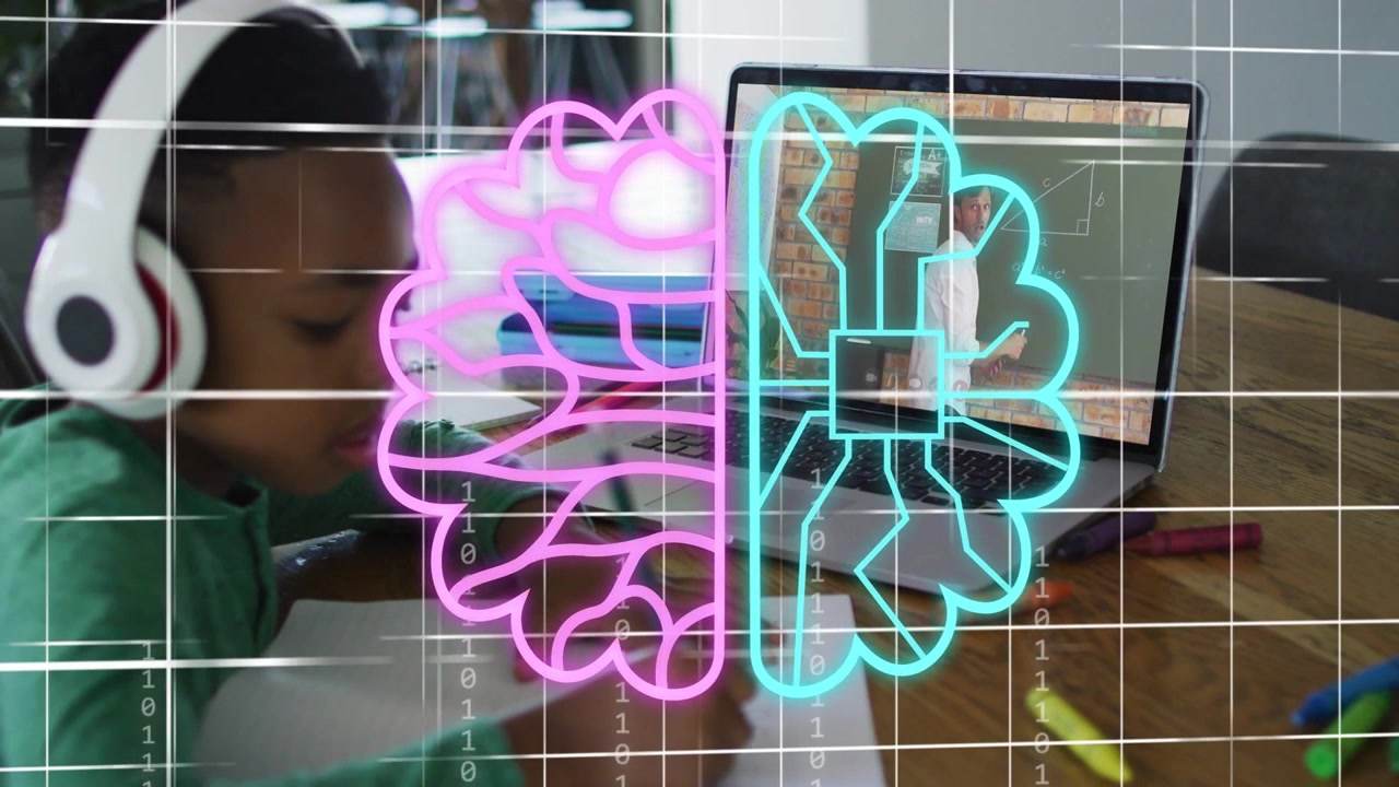 Child writing laptop-tutor drawing sparking neon brain over child and AI chip on screen for edtech