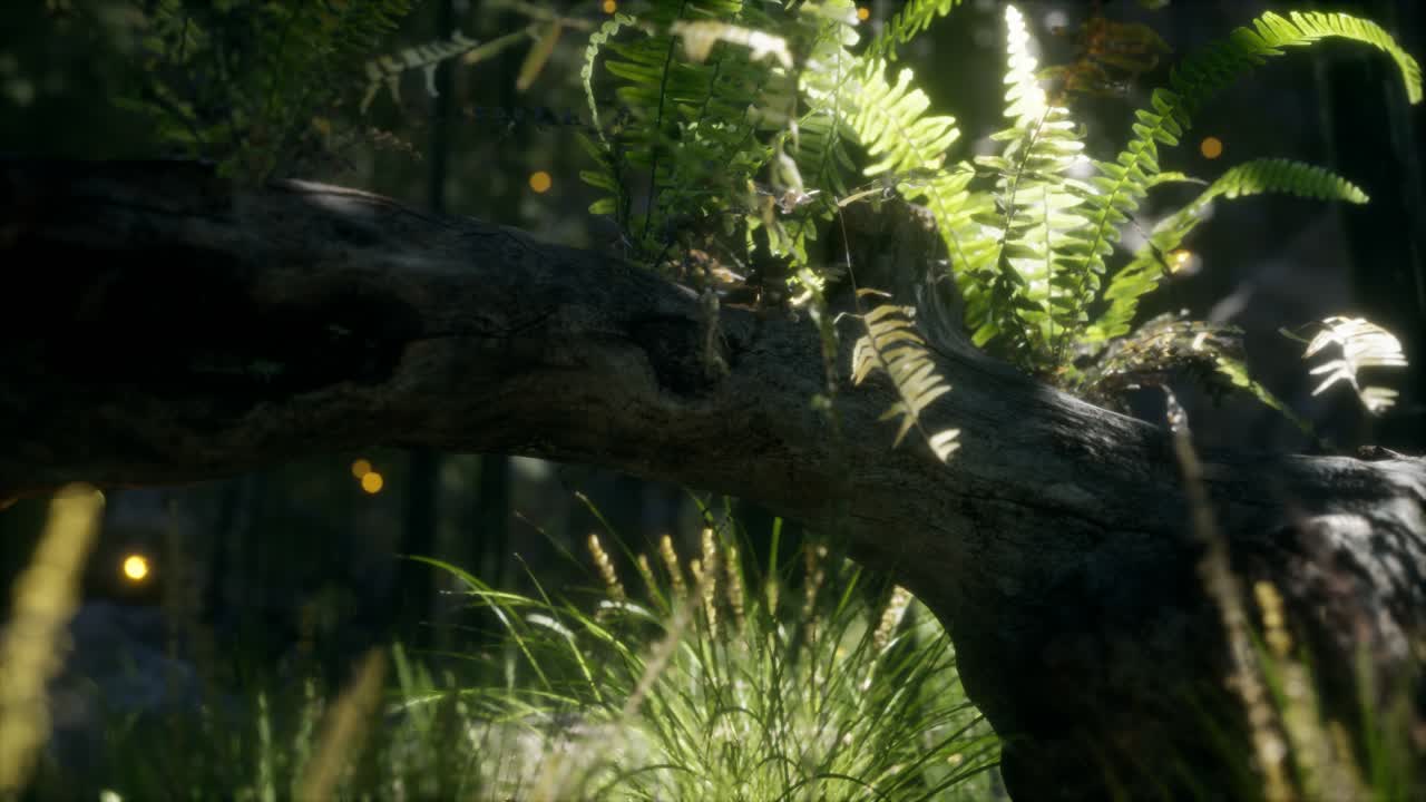 horizontally bending tree trunk with ferns growing, and sunlight shining