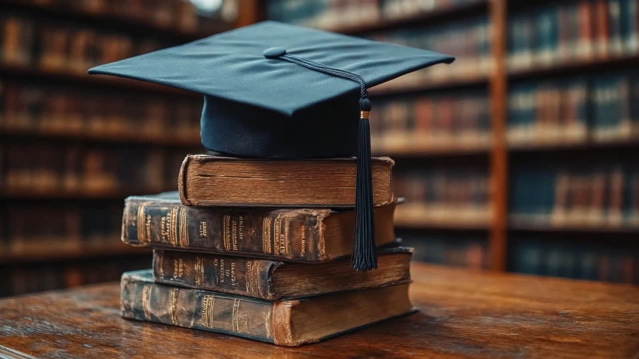 Cappuccio di laurea su una pila di vecchi libri