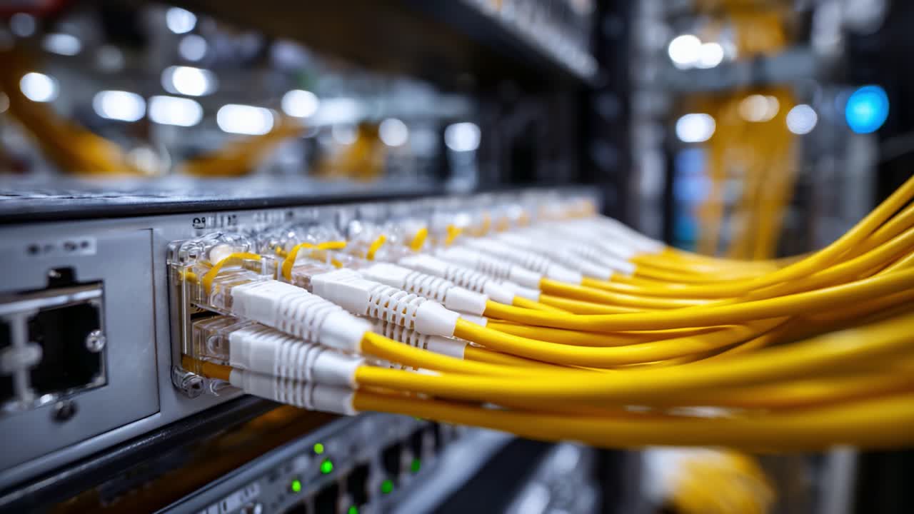 Detailed Close-Up of Network Switch with Numerous Yellow Ethernet Cables Connected, Showcasing Modern Data Center Infrastructure and Connectivity Solutions