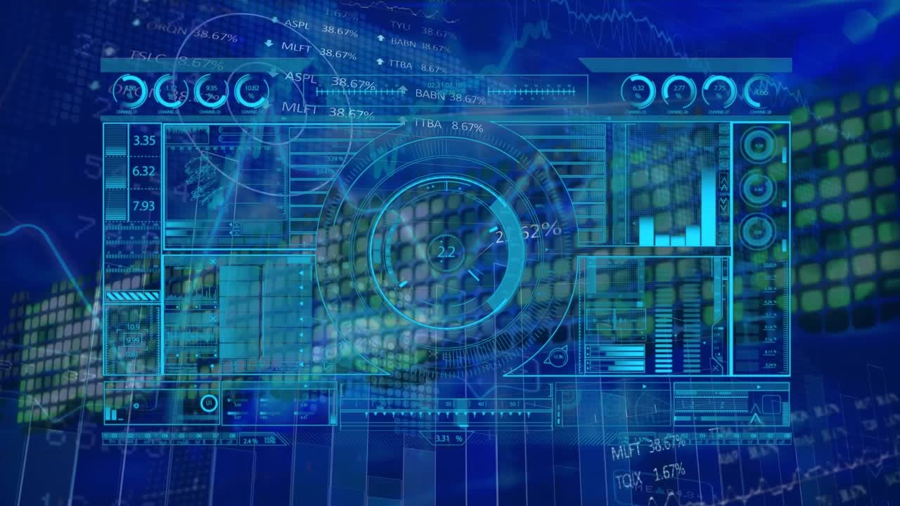 Animation of data processing over scope scanning on blue background