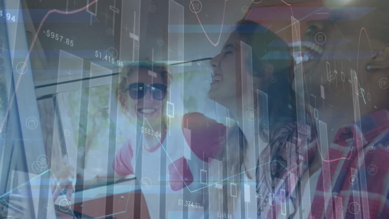 animación de gráficos sobre felices amigos diversos en el coche