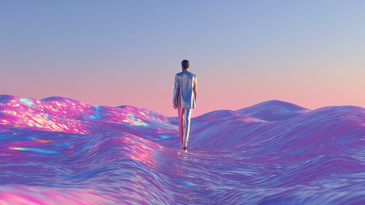 Person walking on colorful waves at sunset