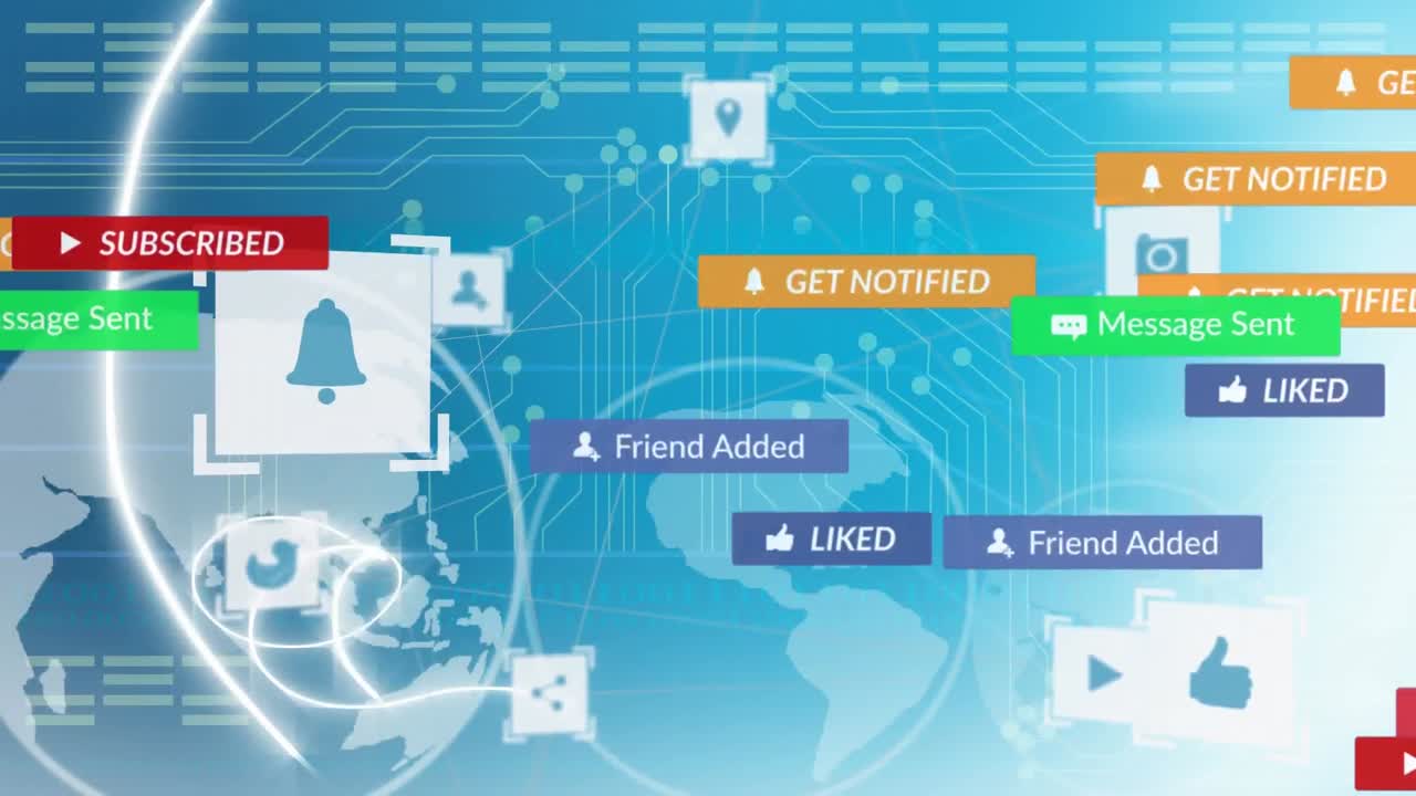 블루 배경의 화살표 위에 지구를 그린 배너에 있는 소셜 미디어 텍스트의 애니메이션