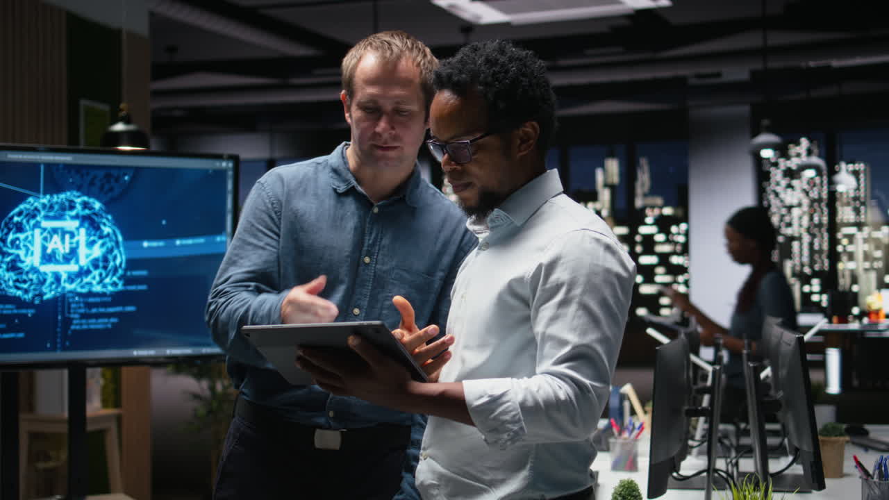 Diverse Businessmen Discussing AI Project on Tablet in Modern Office