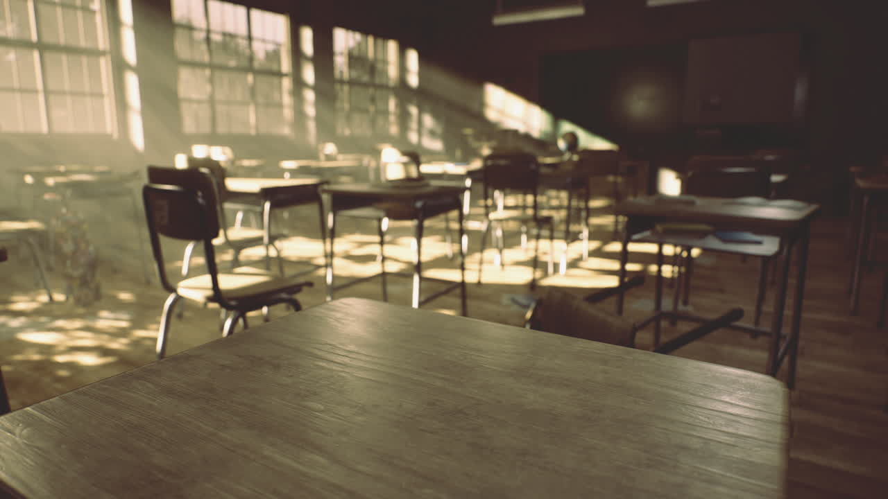 Desks lined up in an empty classroom illuminated by sunlight