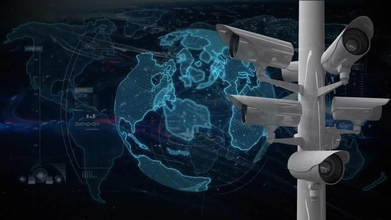Telecamere a circuito chiuso e globo digitale con mappa del mondo
