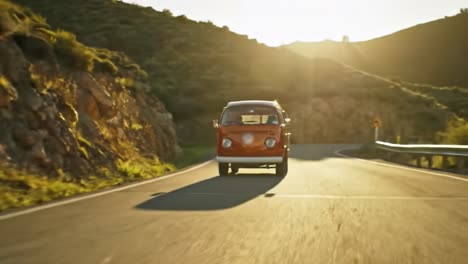 a classic van navigates a curvy road surrounded by stunning mountains during a beautiful sunset. the warm light highlights the picturesque landscape and creates a cinematic feel.