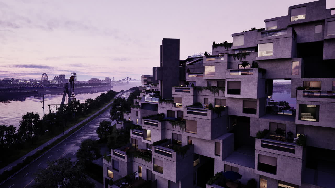 해가 지는 동안 현대적인 콘크리트 건물