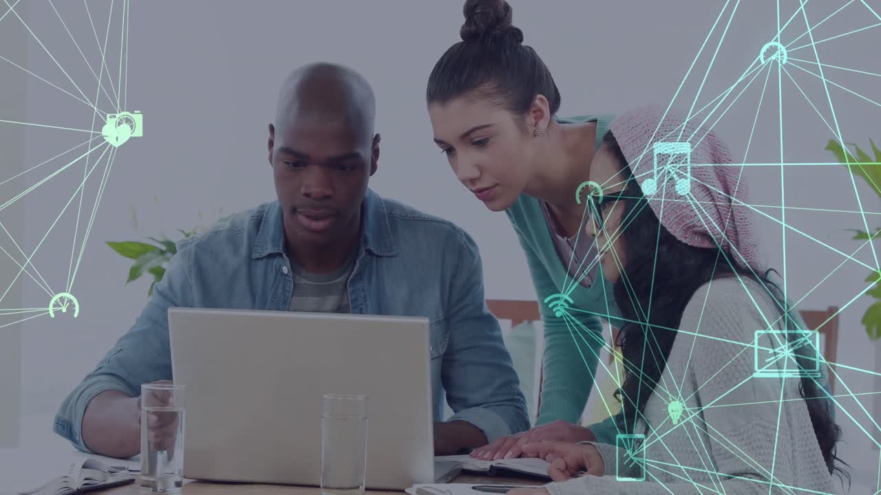 Animation of network of connections with icons over diverse group of business people