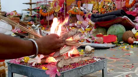 yajna, a ritual done in hindu worship where wood is set on fire with holy oil and ghee