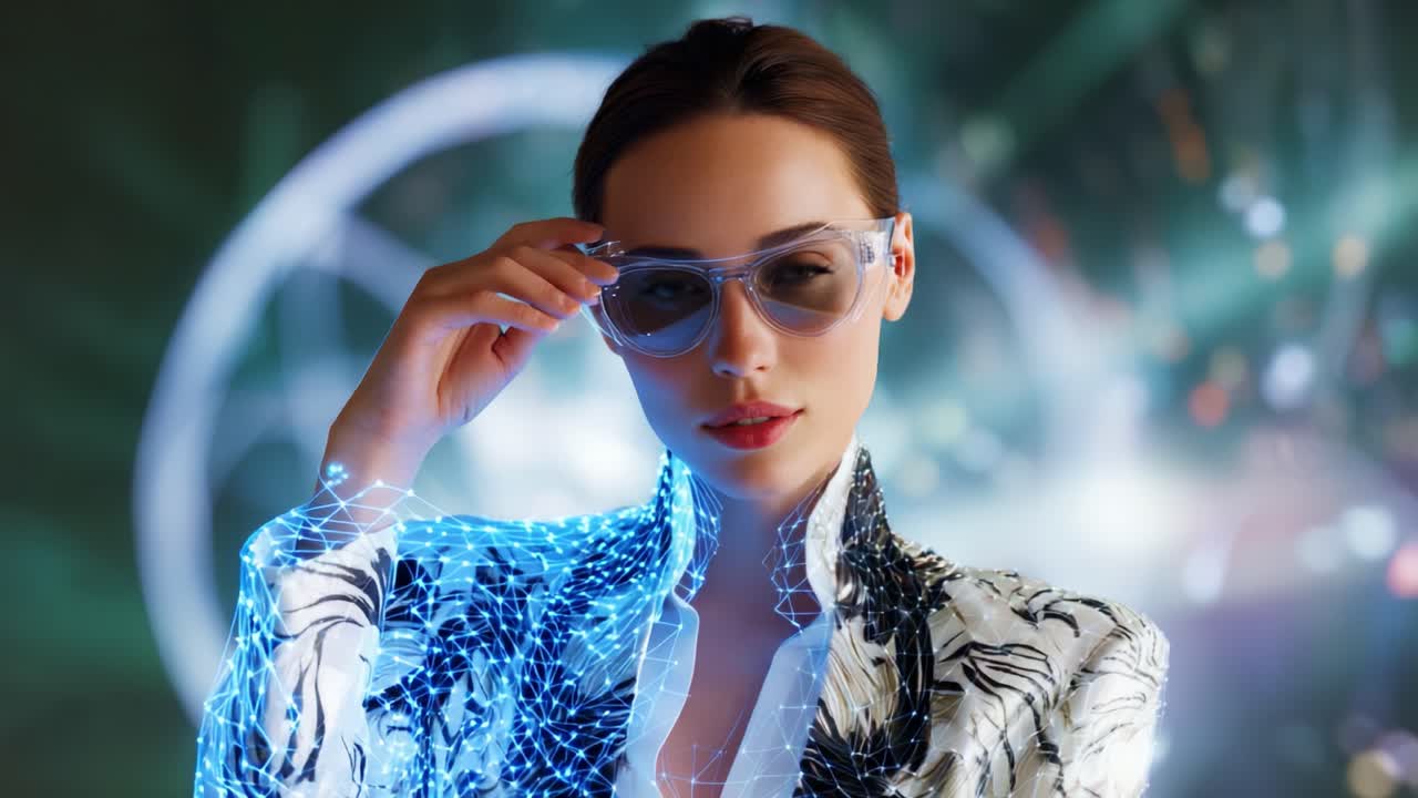 Una donna elegante in abbigliamento futuristico posa con sicurezza, mettendo in mostra occhiali high-tech e un fantastico vestito illuminato in un ambiente dinamico e vivace