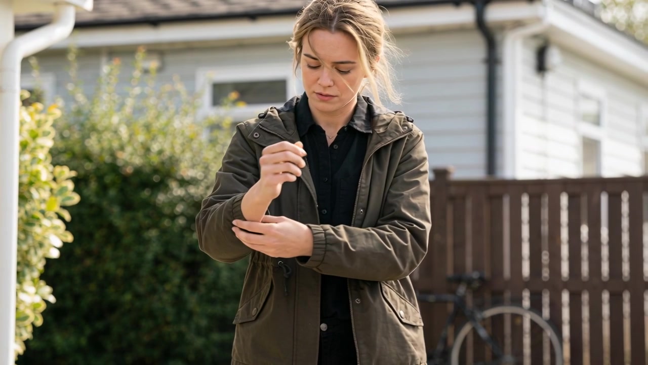 Adjusting woman pulling parka sleeve at suburban house after breeze, checking fit by bicycle