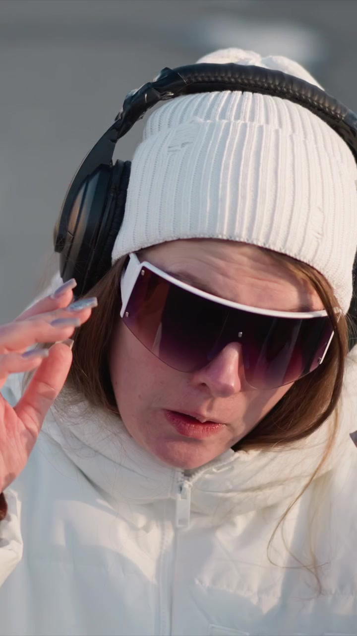 Woman wearing white knit hat and headphones adjusts her glasses while looking down with soft lighting highlighting texture of fabric and hair. scene maintains close up framing throughout
