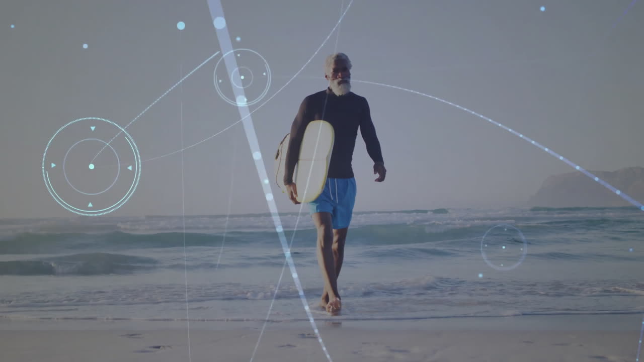 Mature man holding surfboard walking shoreline, with HUD graphics showing surf data in technology