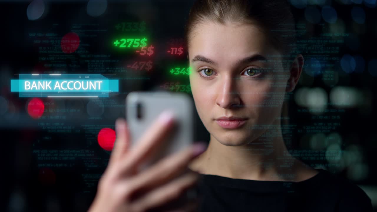 휴대 전화 디지털 홀로그램 은행은 현대 응용 프로그램으로 잔액을 클로즈업으로 표시합니다.