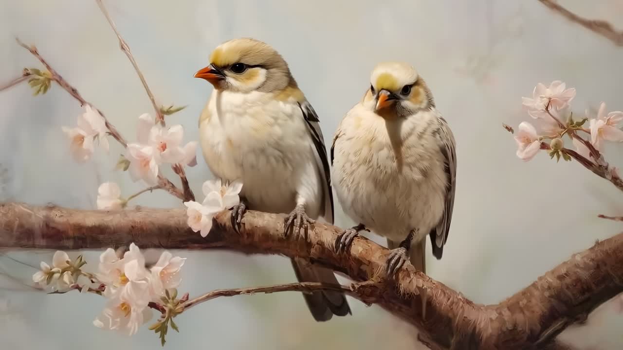 Two birds perched on a blossoming branch, captured in a soft-focus, side-angle video