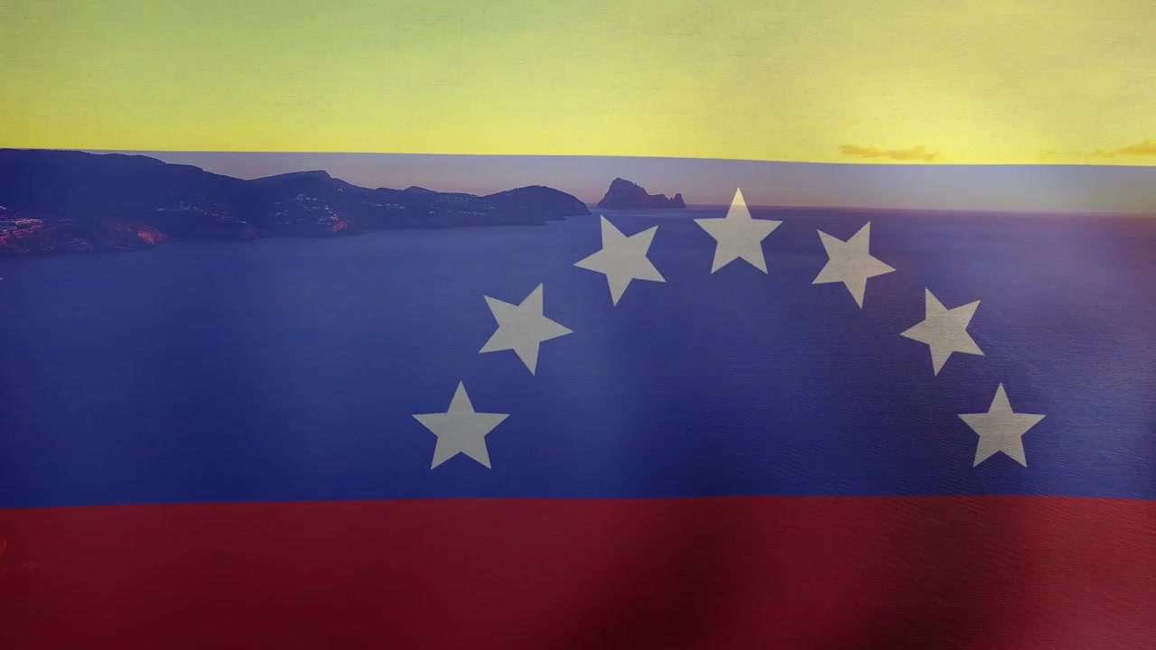 Luz do pôr do sol mudando, bandeira venezuelana se dobrando e centralizando oito estrelas, revelando a costa.