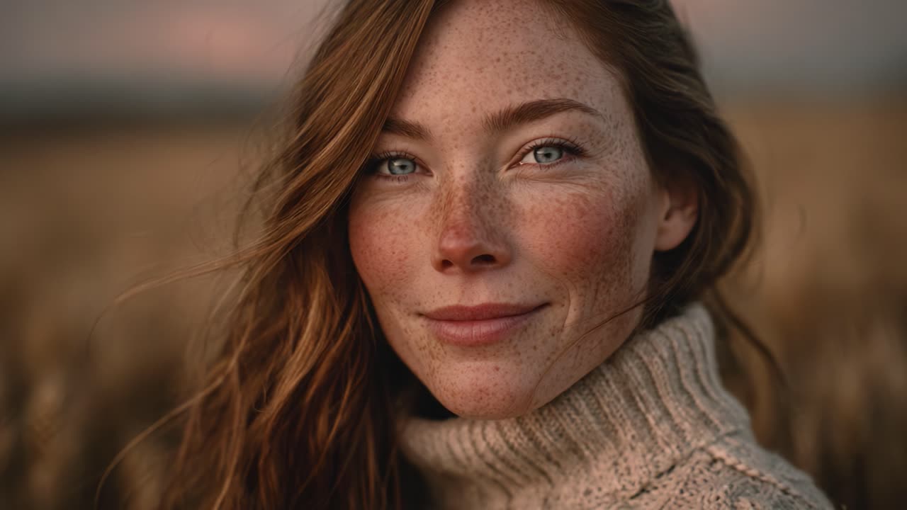 A Radiant Portrait of a Woman with Freckles and Warm Smile in a Serene Natural Setting Captured During Golden Hour
