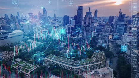 stock exchange market analyzing, finance business investment candlestick stock chart price and artificial intelligence indicator trading and digital technology