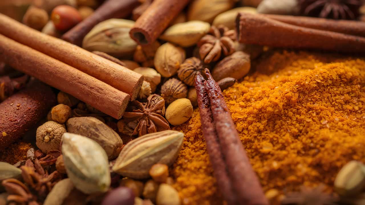 Shifting camera revealing spice cluster on wood table, showing cinnamon cardamom turmeric textures