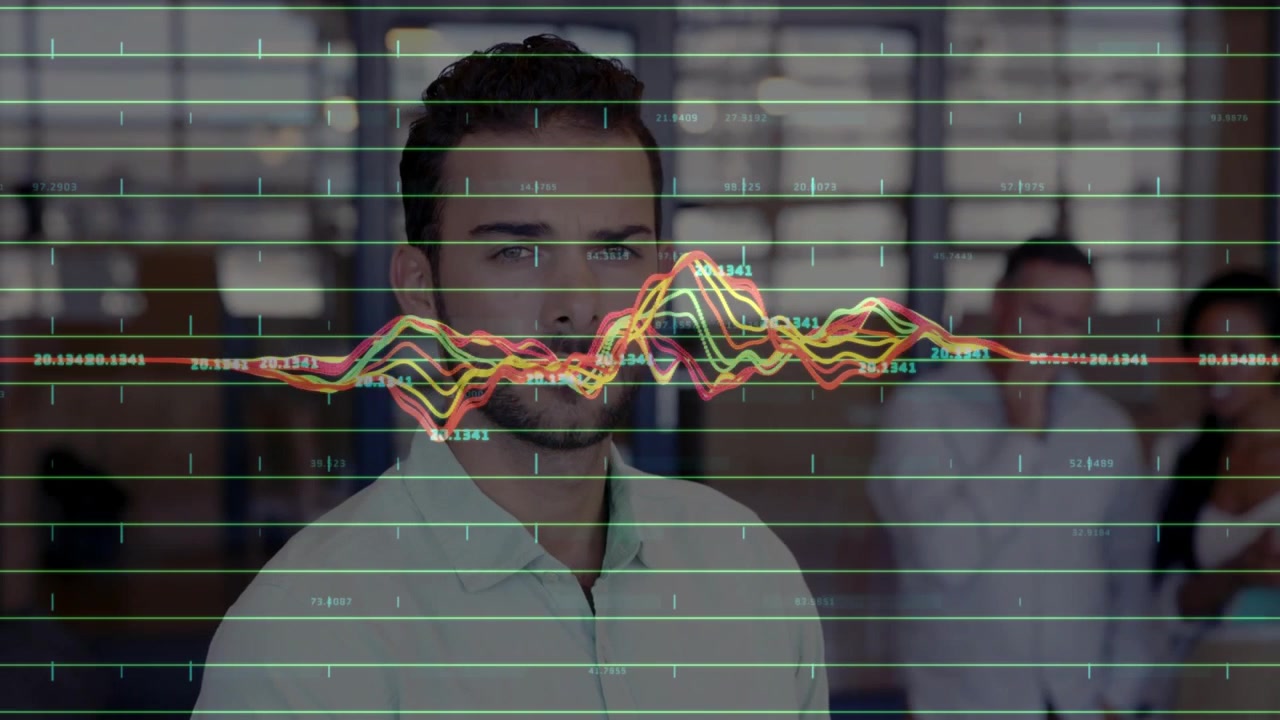 Man moving center at work, camera panning causing waveform peak over face, phone showing tech data