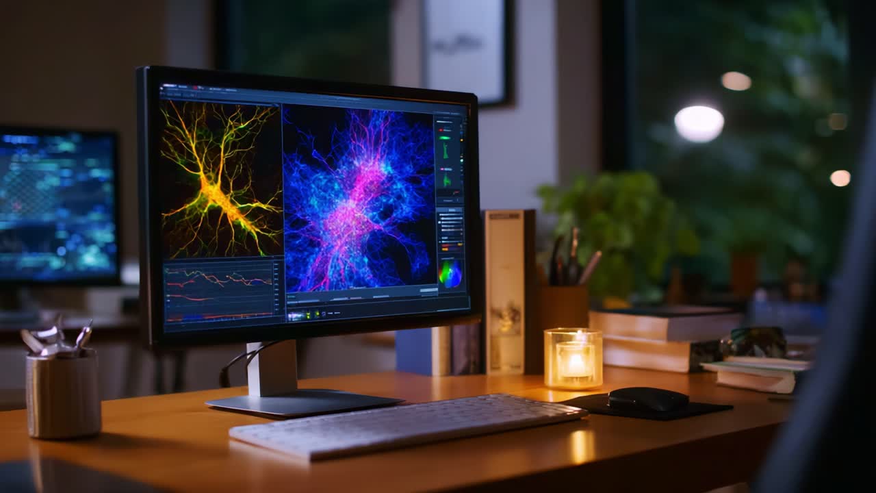 A Workspace Displaying Complex Neural Visualizations and Data Analytics, Highlighting Technological Integration in Research and Gaming Environments at Night