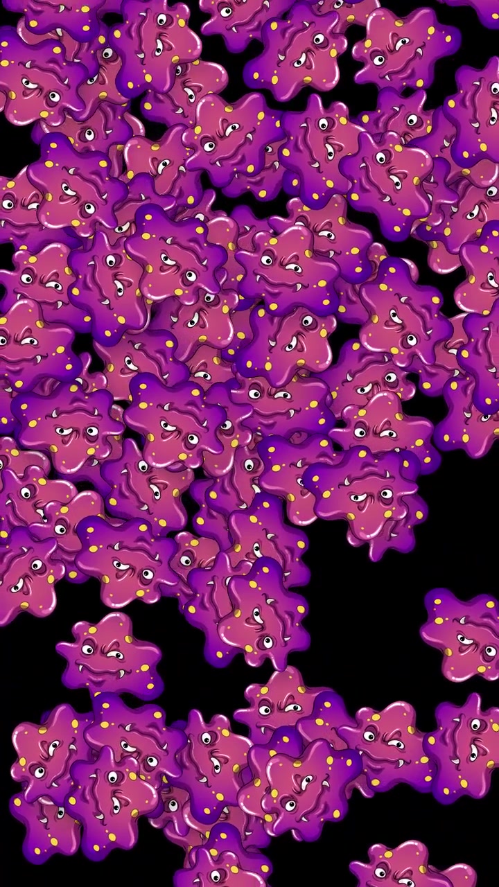 Purple cartoon microbes with faces fall vertically through black space in a playful animation.