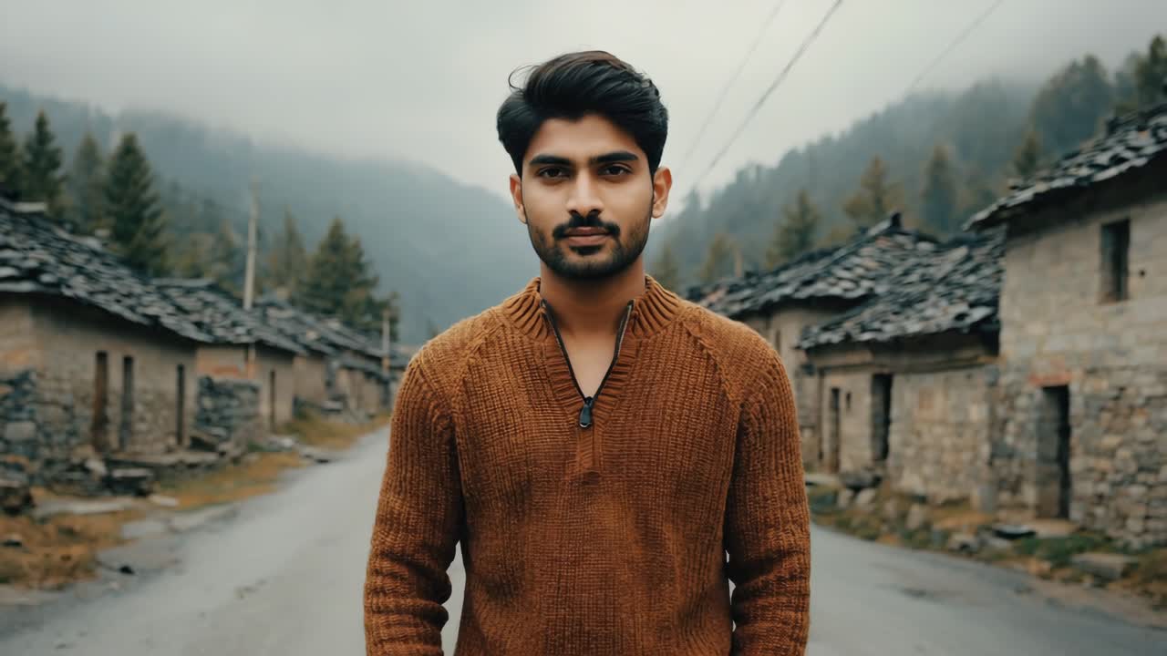 Young man meditating in a brown sweater on a quiet street of an old mountain village, surrounded by stone houses and trees under a cloudy sky
