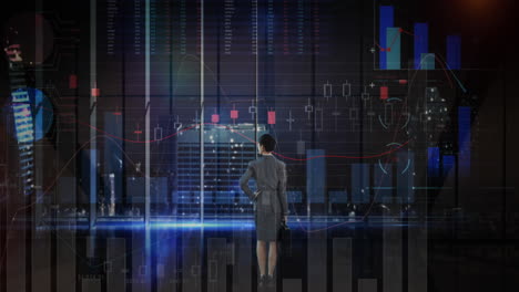 animación de estadísticas y procesamiento de datos financieros sobre mujeres de negocios en la oficina
