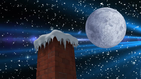 Animación-Del-Paisaje-Navideño-Invernal-Con-Chimenea,-Nieve-Cayendo-Y-Luna