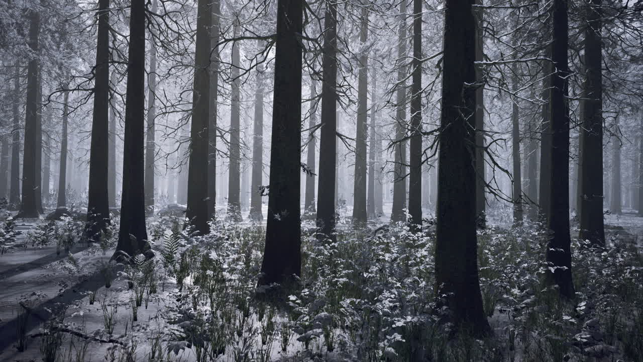 Winter forest landscape with snow covered trees and foggy atmosphere
