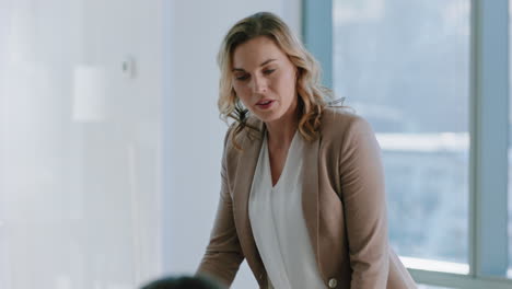 hermosa mujer de negocios líder de equipo reunión de accionistas de la compañía accionistas tomando decisiones para la estrategia de desarrollo en la sala de juntas de la oficina 4k