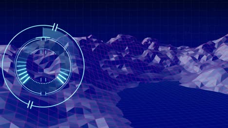 animación de un alcance circular giratorio sobre un paisaje digital en movimiento